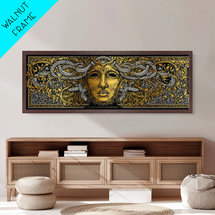 Medusa Myth Metallic Gold Metal Print, Snake Goddess Wall Art, Ancient Greek Gorgon Illustration, Real Wood Frame, Dramatic Luxury Decor
