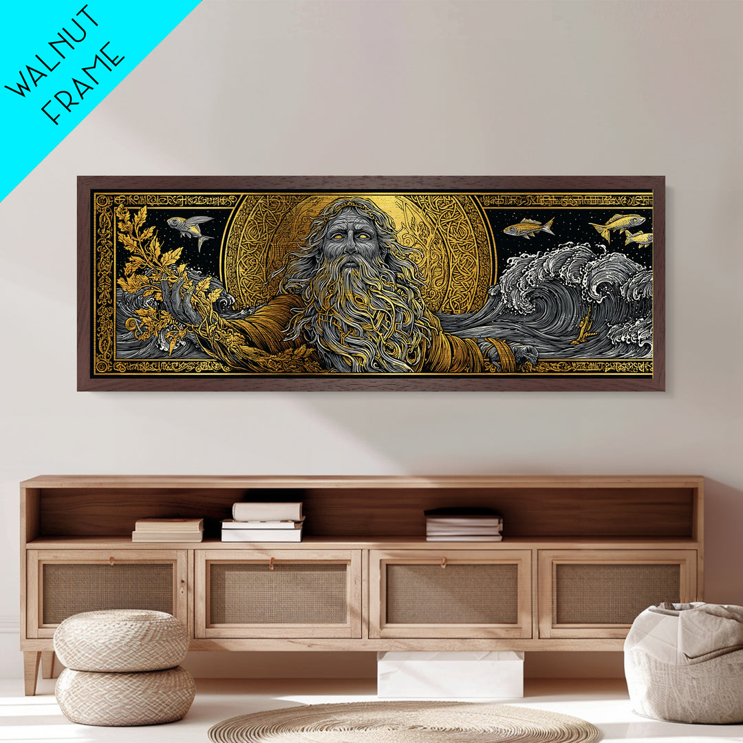 Oceanus Metallic Gold Metal Print, Greek Titan Of The Sea, Mythology Wall Art, Flowing Waves Illustration, Real Wood Frame, Ocean Decor
