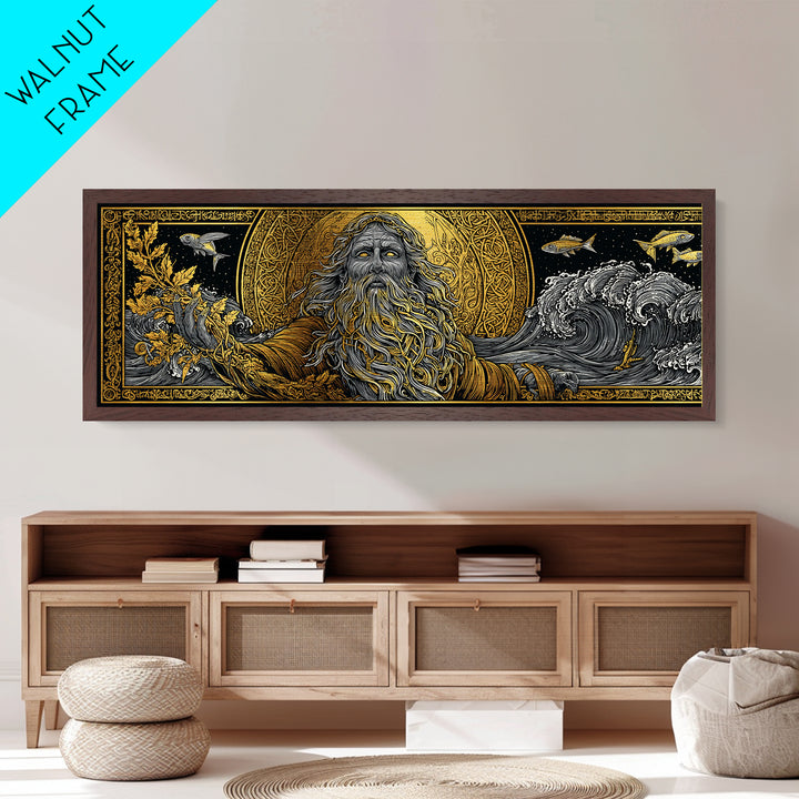 Oceanus Metallic Gold Metal Print, Greek Titan Of The Sea, Mythology Wall Art, Flowing Waves Illustration, Real Wood Frame, Ocean Decor
