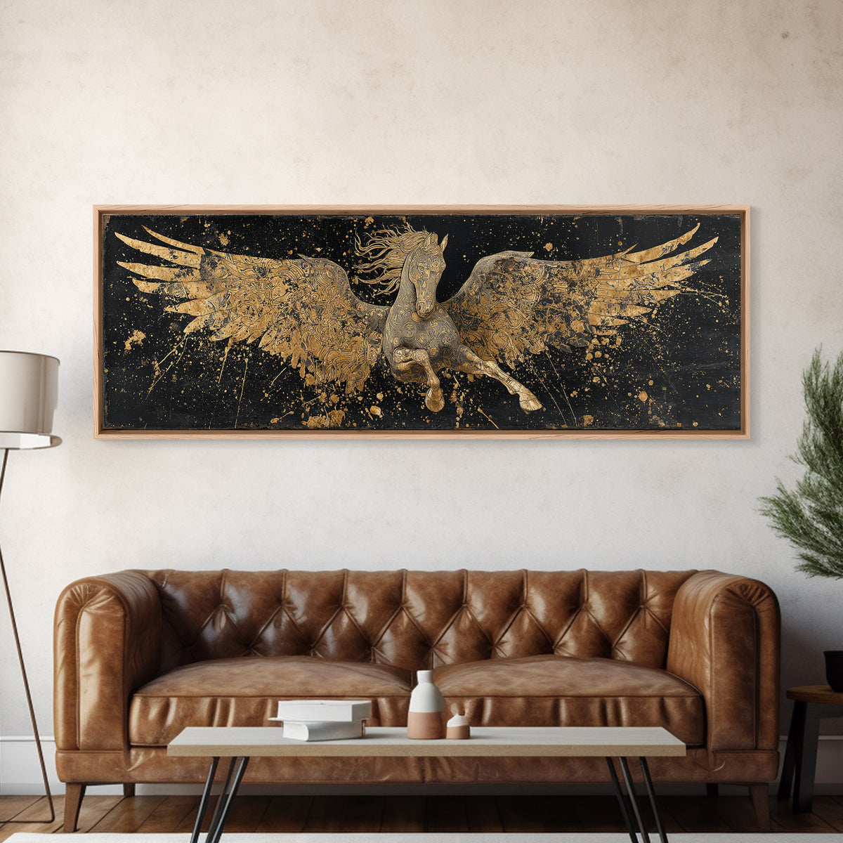 Pegasus Flying Gold Canvas Print, Greek Mythology Horse Wall Art, Real Wood Frame, Luxury Decorative Artwork