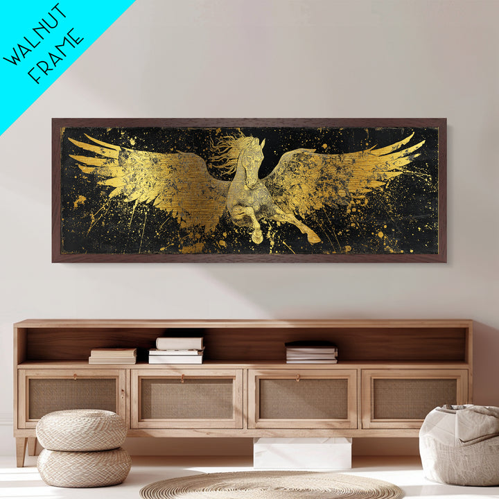 Pegasus Flying Metallic Gold Metal Print, Greek Mythology Horse Wall Art, Real Wood Frame, Luxury Decorative Artwork