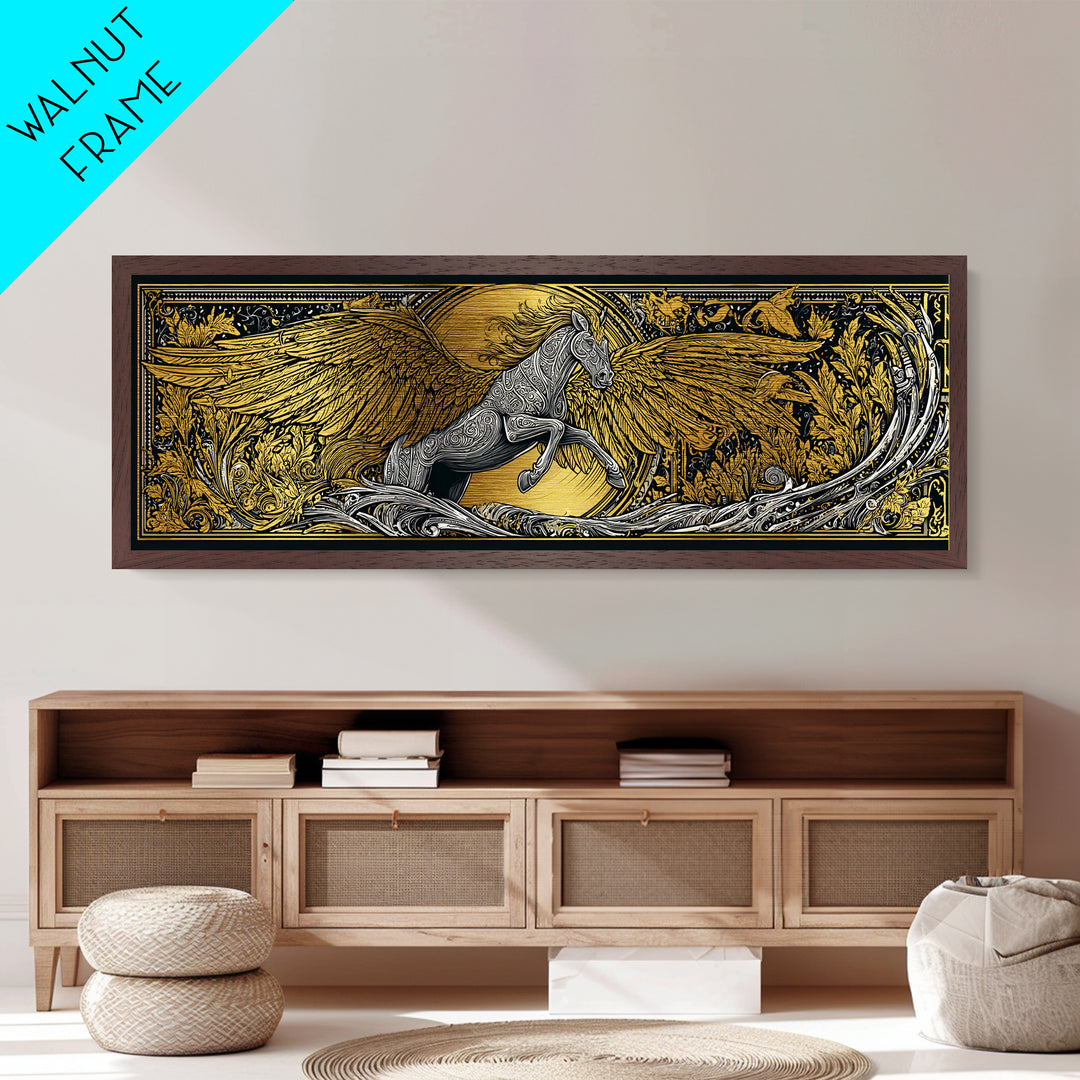 Pegasus Rising Metallic Gold Metal Print, Mythological Horse Wall Art, Real Wood Frame, Luxury Collectible Decorative Art
