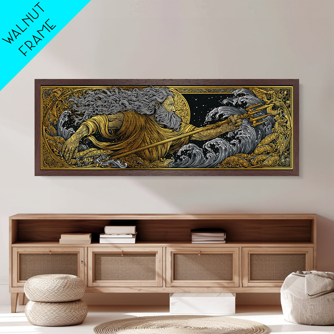 Poseidon Wields Metallic Gold Metal Print, Sea God Wall Art, Real Wood Frame, Mythological Ocean Artwork For Home Decor