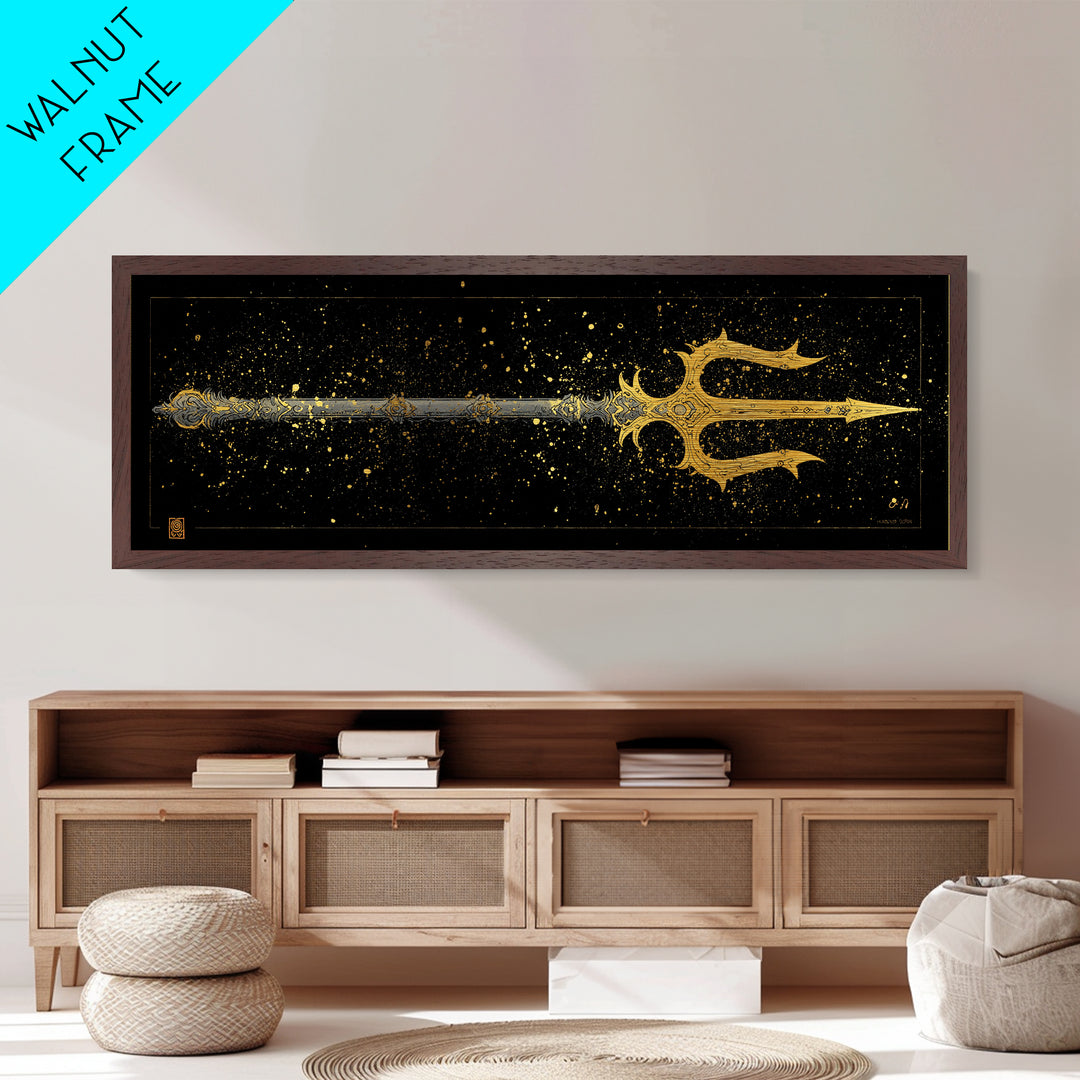 Poseidon Trident Metallic Gold Metal Print, Mythology Wall Art, Real Wood Frame, Sea God Artwork For Home Or Office Decor