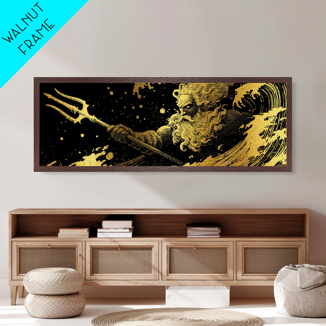 Poseidon Waves Metallic Gold Metal Print, Mythological Sea God Wall Art, Real Wood Frame, Luxury Decorative Greek Artwork