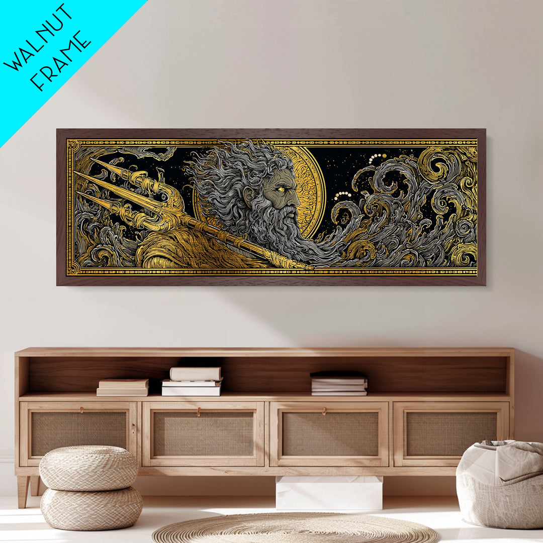 Poseidon With Trident Metallic Gold Metal Print, Greek Mythology Wall Art, Real Wood Framed Metal Artwork, Luxury Home Decor