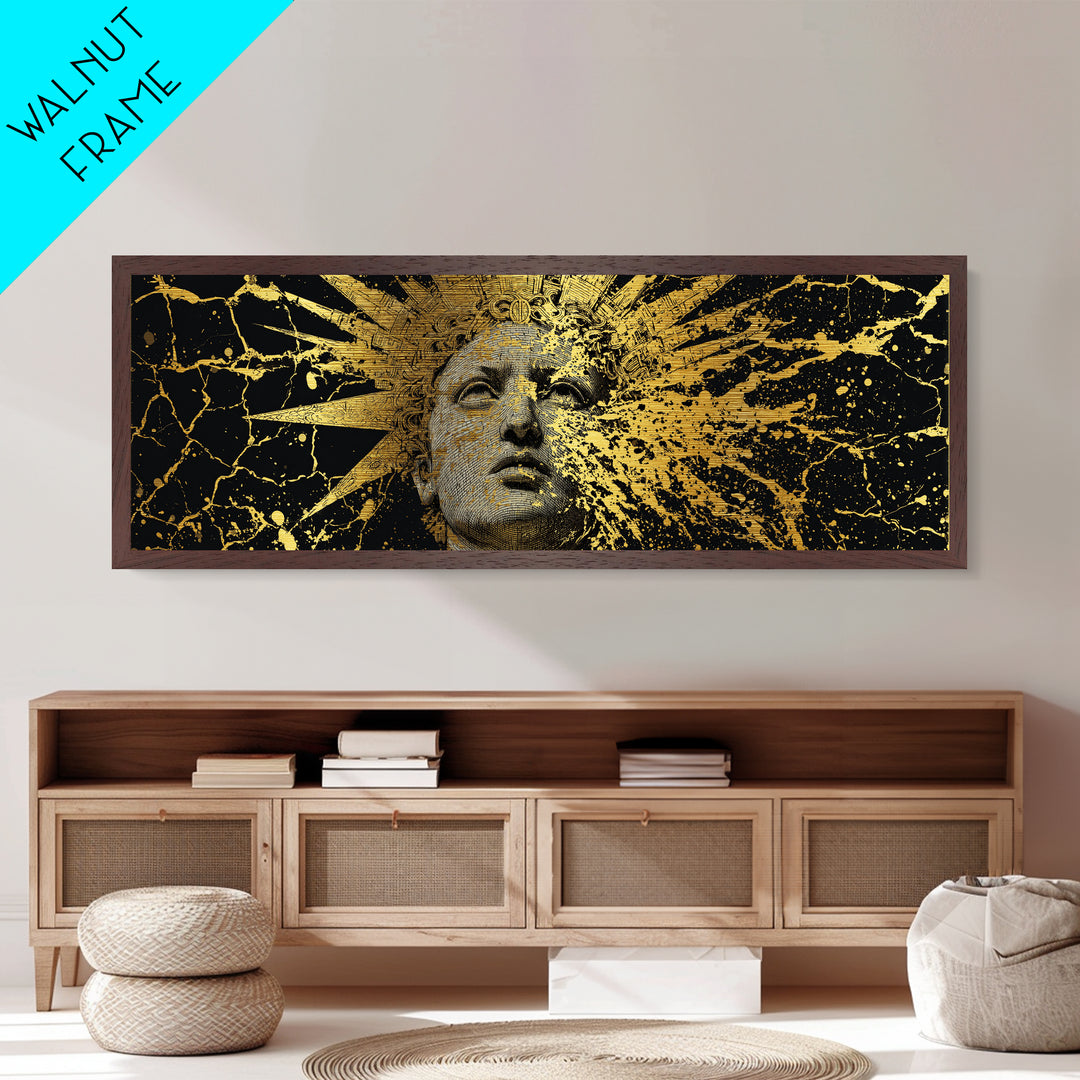 Prometheus Sunburst Bust Metallic Gold Metal Print, Greek Statue Inspired Wall Art, Real Wood Frame, Elegant Mythology Artwork