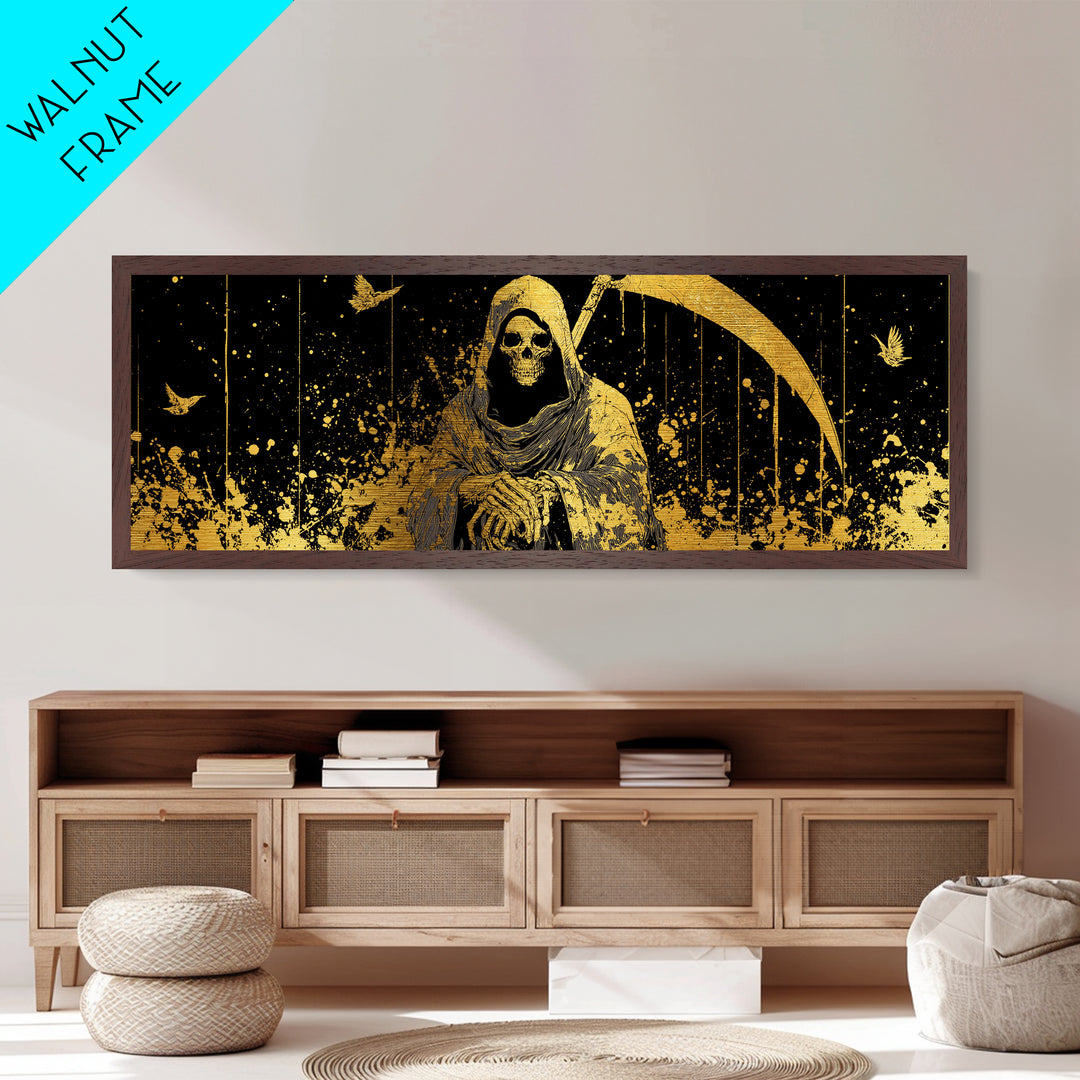 Thanatos Grim Reaper Metallic Gold Metal Print, Mythology Inspired Wall Art, Real Wood Framed Metal Artwork, Gothic Home Decor