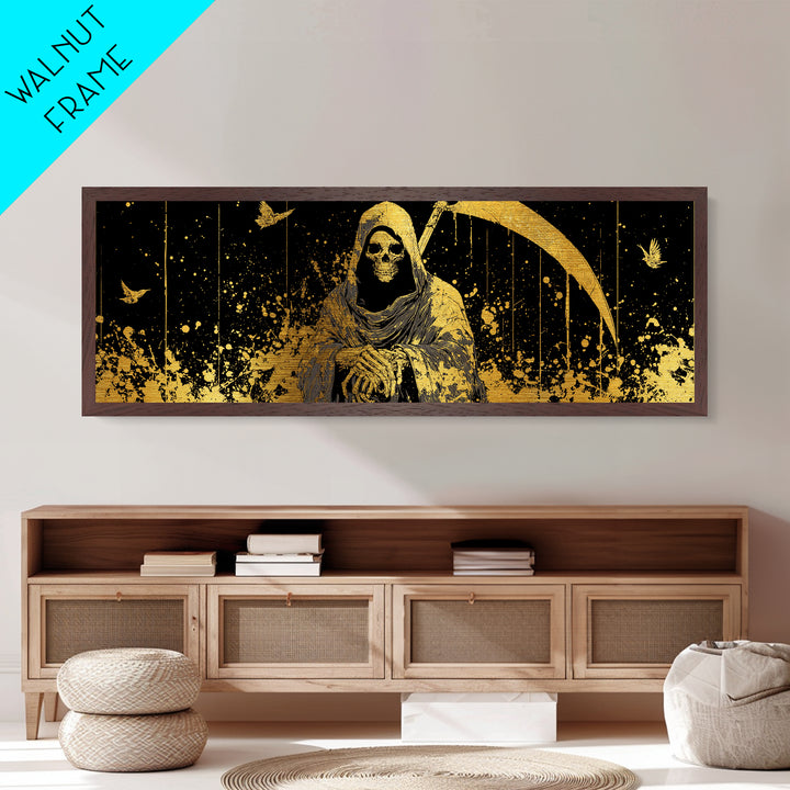 Thanatos Grim Reaper Metallic Gold Metal Print, Mythology Inspired Wall Art, Real Wood Framed Metal Artwork, Gothic Home Decor