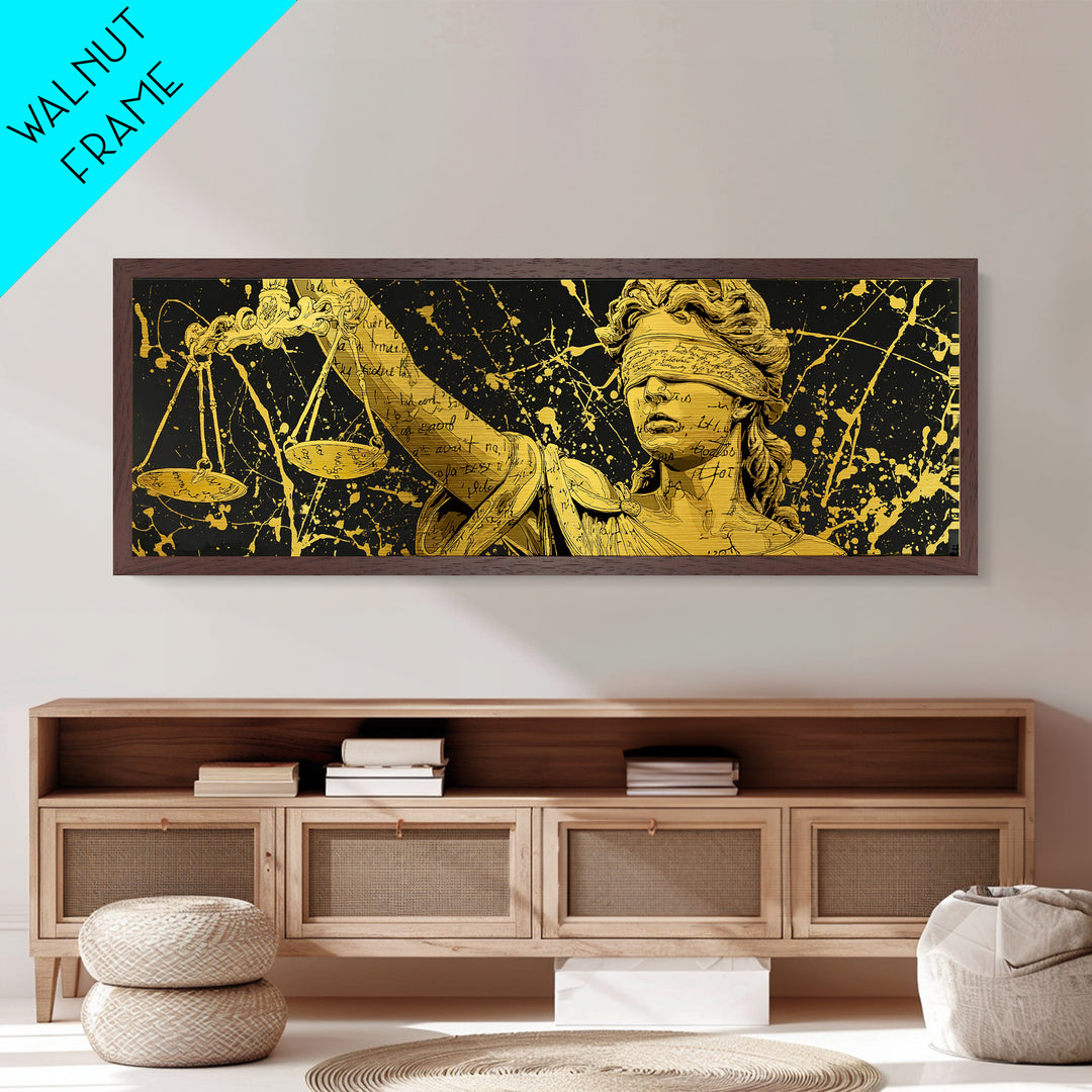 Themis Blind Justice Metallic Gold Art, Greek Goddess Wall Print, Real Wood Frame Metal Print, Law And Justice Statue Artwork