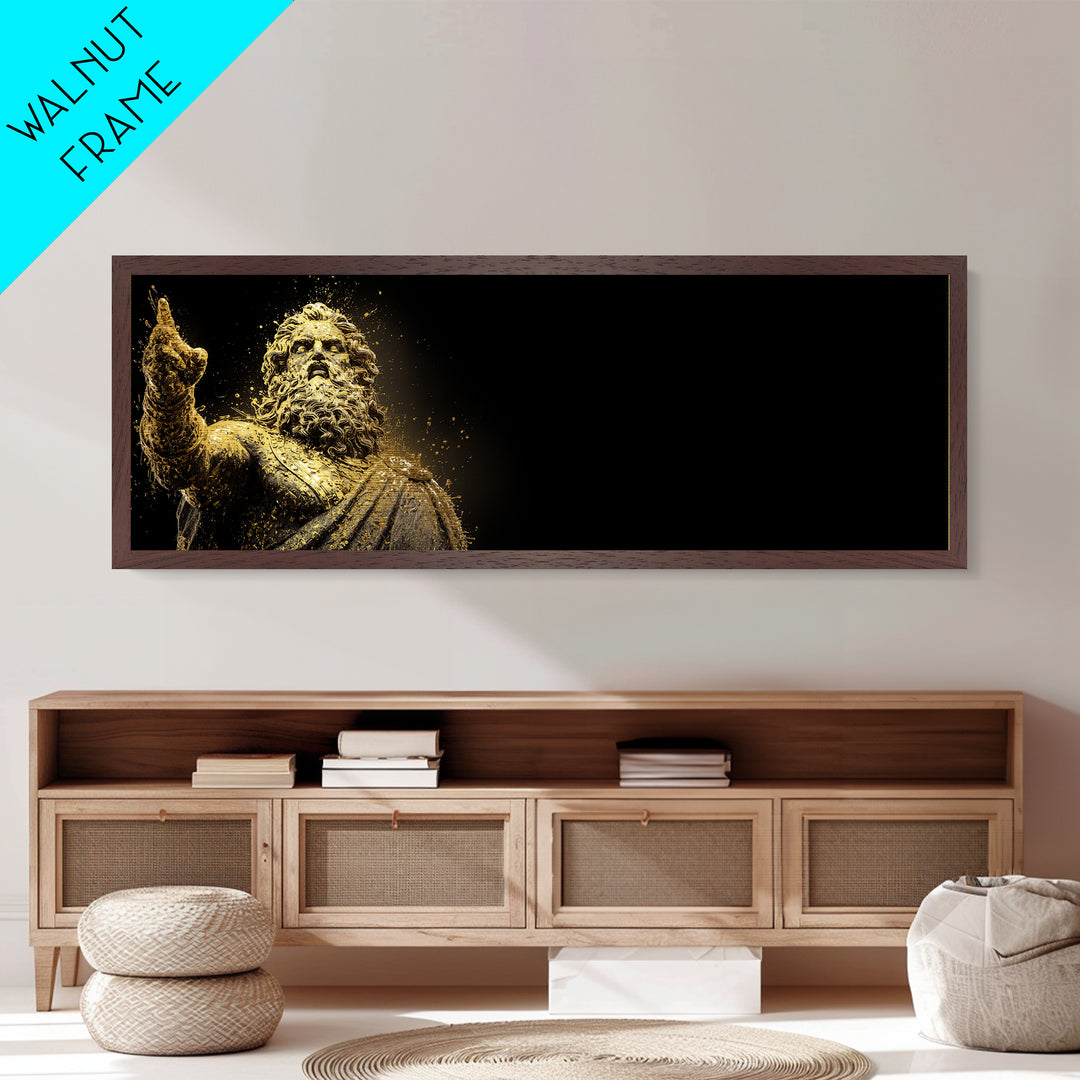 Zeus Statue Metallic Gold Metal Print, Greek God Wall Art, Lightning King Decor, Real Wood Frame Mythology Inspired Artwork