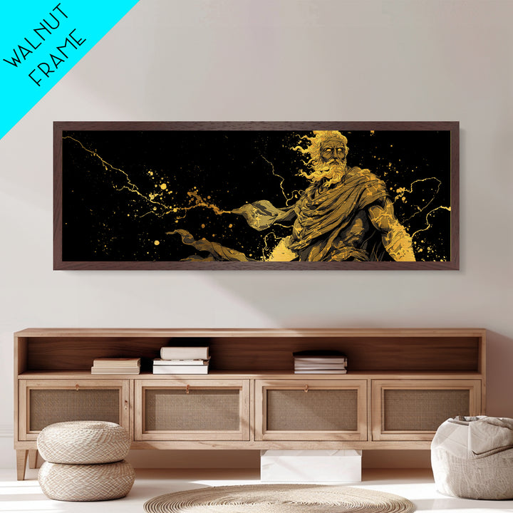 Zeus With Lightning Metallic Gold Art, Greek Mythology Metal Print, Real Wood Frame Decor, Dramatic Wall Artwork For Home
