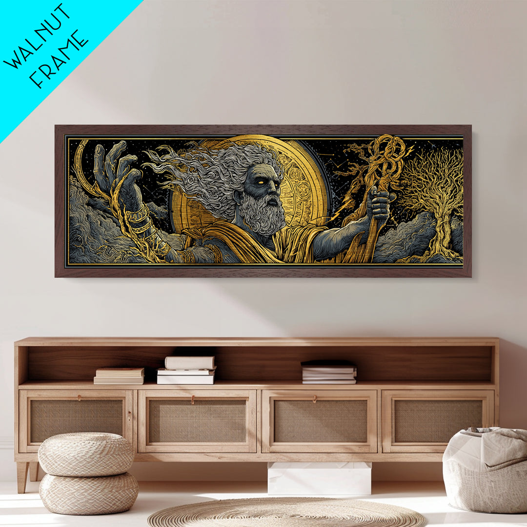 Zeus With Staff Metallic Gold Metal Print, Greek God Wall Art, Regal Mythology Decor, Real Wood Frame Luxury Artwork