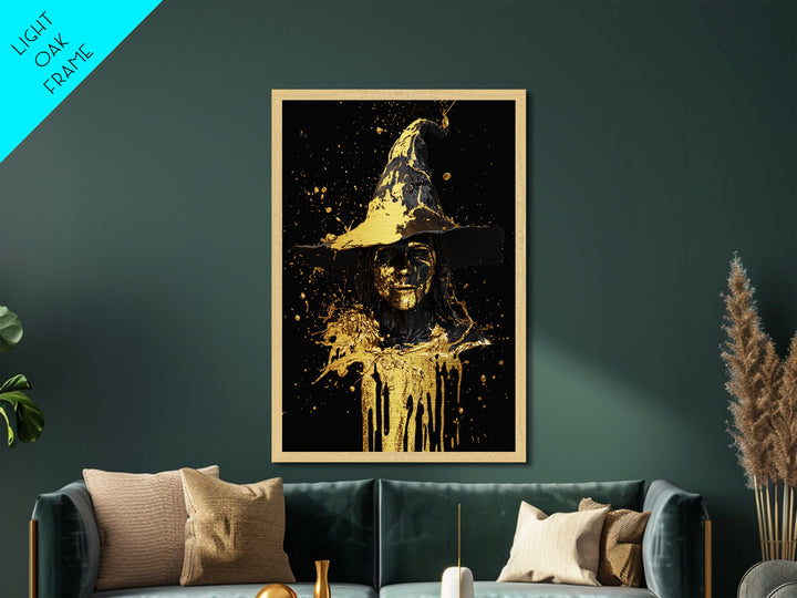 Witch Bust with Dripping Hat in Metallic Gold Art, Spooky Halloween Metal Art with Real Wood Frame, Gothic Witch Wall Decor
