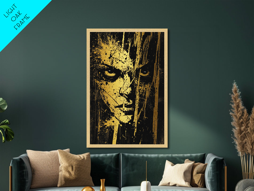 Intense Spooky Face in Splatter Style – Metallic Gold Art, Halloween Metal Art with Real Wood Frame, Gothic Horror Wall Print