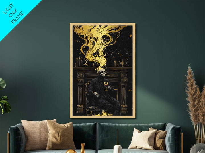Skull Gentleman Metallic Gold Art, Haunted Gothic Horror Metal Art With Natural Wood Frame, Spooky Halloween Macabre Wall Art