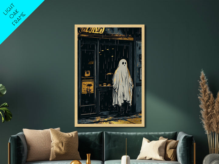 Haunted Ghost in the Rain Metallic Gold Art Metal Art Spooky Season Wall Decor Framed in Natural Wood Gothic Halloween Print