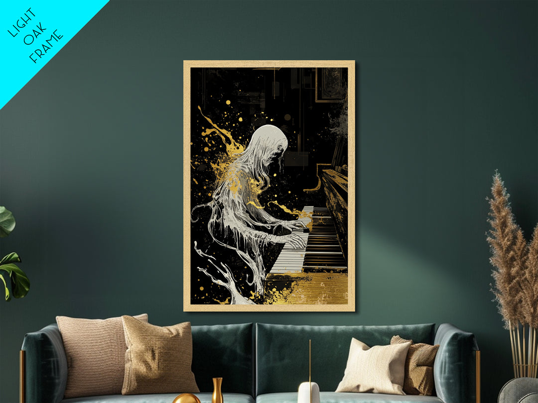 Gothic Spirit Playing Piano Metallic Gold Art Metal Art Horror Inspired Halloween Wall Decor with Real Wood Frame Creepy Gift