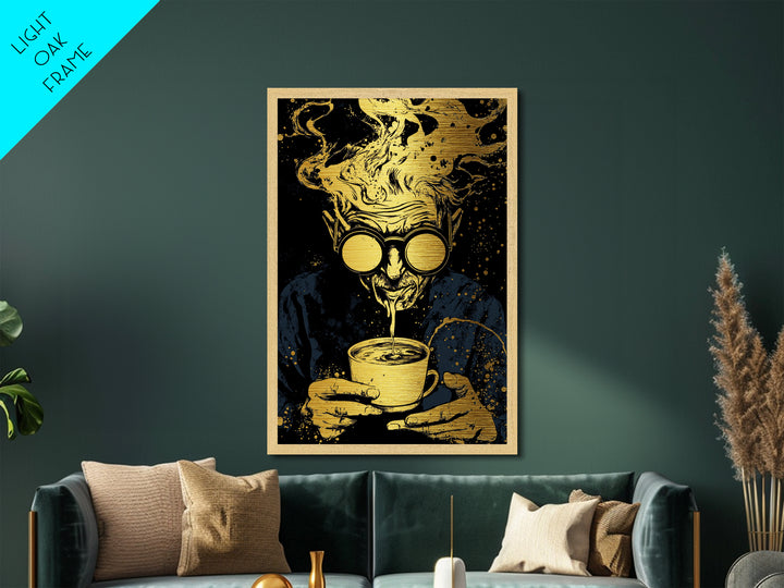 Witchy Coffee Alchemist Metallic Gold Art Metal Art Spooky Halloween Wall Decor in Real Wood Frame Gothic Kitchen Wall Hanging