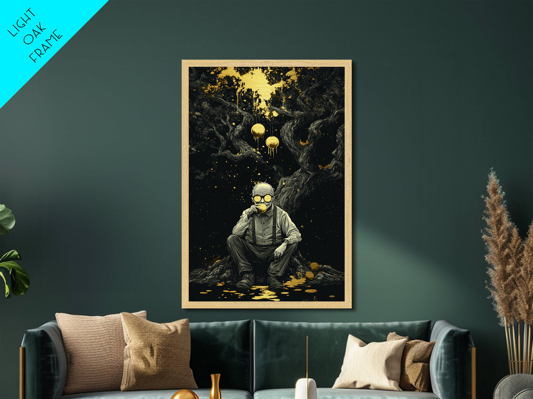 Creepy Orange Grove Metallic Gold Art Metal Art Gothic Halloween Wall Art with Natural Wood Frame Spooky Haunted Forest Print