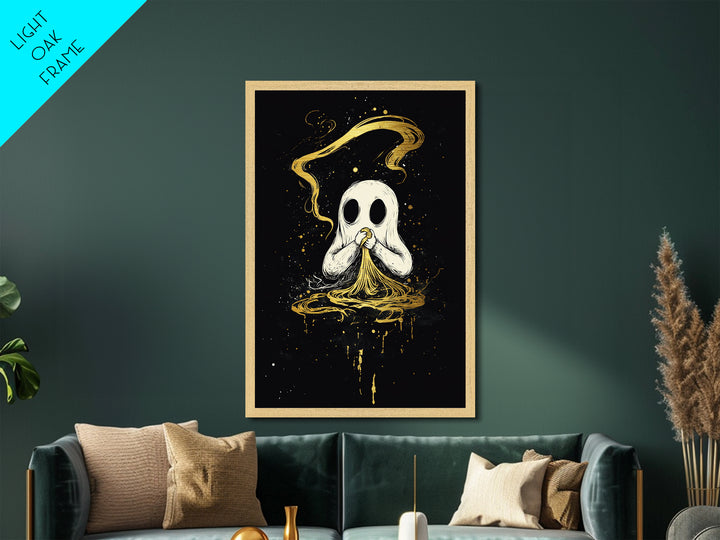 Ghost Eating Pasta Metallic Gold Art Metal Art Spooky Cute Halloween Wall Decor Framed in Real Wood Haunted Kitchen Wall Print