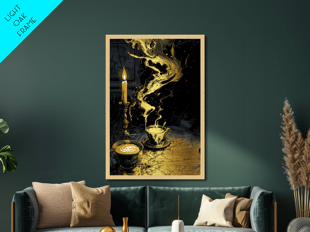 Witchy Candle and Coffee Metallic Gold Art Metal Art Haunted Gothic Wall Art in Real Wood Frame Spooky Season Halloween Decor