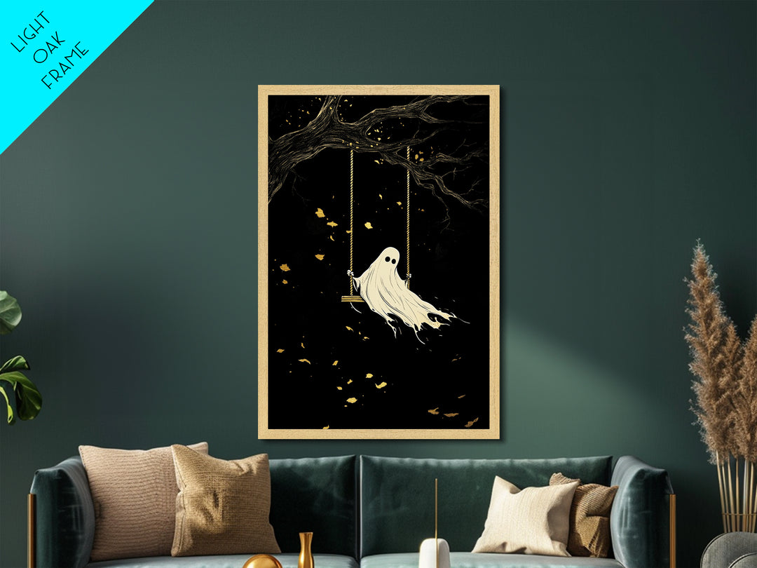 Lonely Ghost on Swing Metallic Gold Art Metal Art Spooky Haunted Wall Decor in Natural Wood Frame Gothic Halloween Season Print