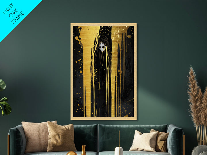 Horror Spirit Dripping Shadows Metallic Gold Art, Gothic Creepy Metal Art, Haunted Season Wall Décor with Real Wood Framing