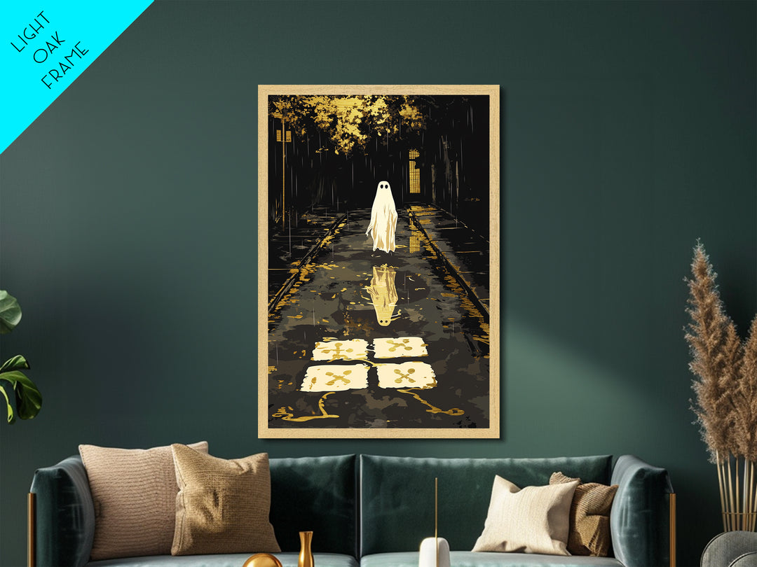 Spooky Ghost Reflection Metallic Gold Art, Haunted Night Metal Art, Halloween Wall Print, Autumn Season Décor in Wood Frame