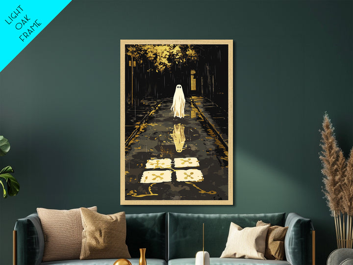Spooky Ghost Reflection Metallic Gold Art, Haunted Night Metal Art, Halloween Wall Print, Autumn Season Décor in Wood Frame