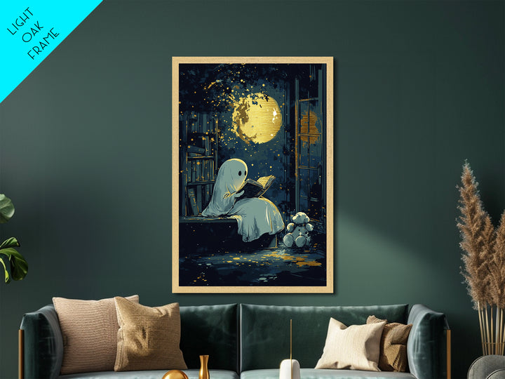 Cute Ghost Reading Under Moon, Metallic Gold Art, Whimsical Spooky Season Metal Art, Halloween Wall Print in Wooden Frame