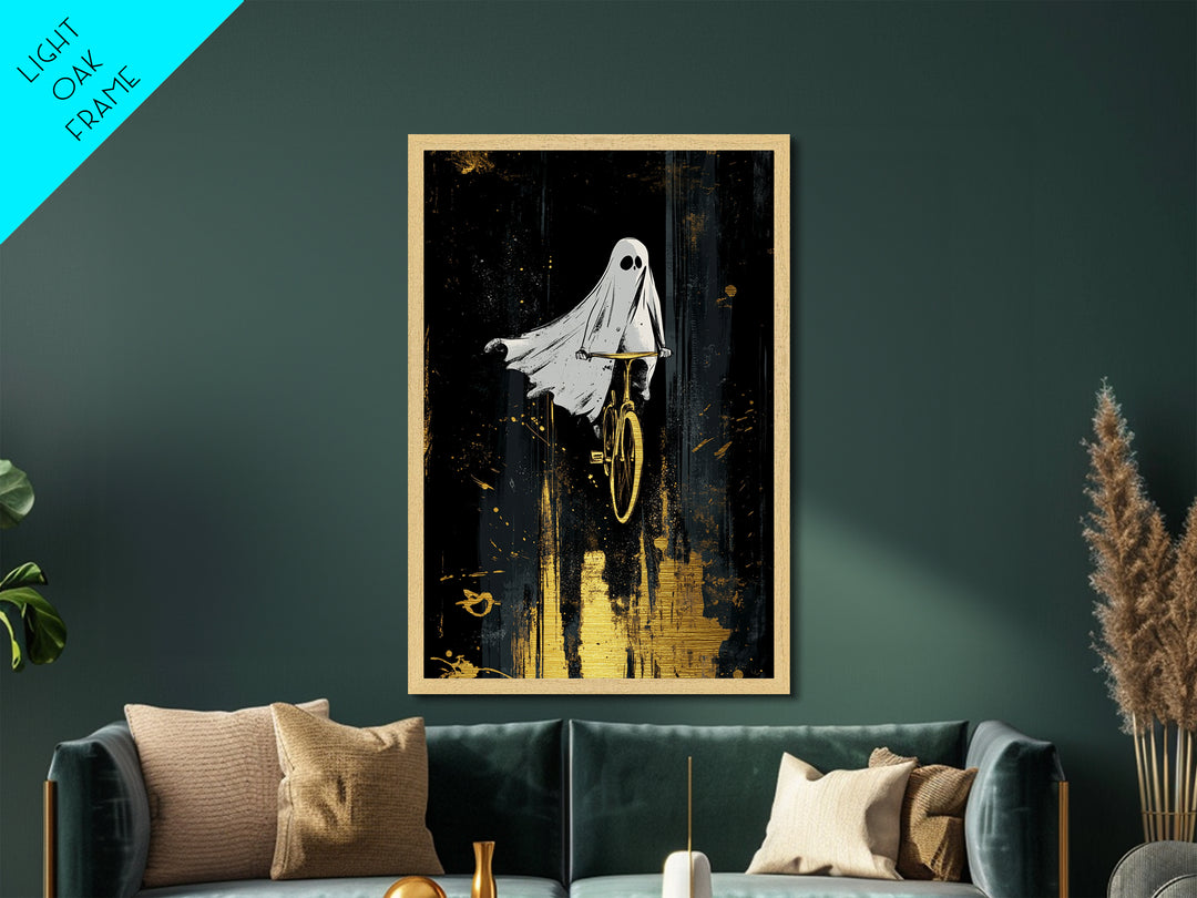 Playful Ghost On Bicycle Metallic Gold Art, Creepy Cute Metal Art, Halloween Haunted Season Wall Print Framed in Natural Wood
