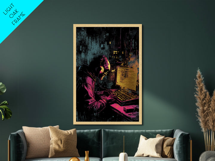 Cyberpunk Hacker Metallic Gold Art | Spooky Halloween Tech Wall Decor | Metal Art in Real Wood Frame
