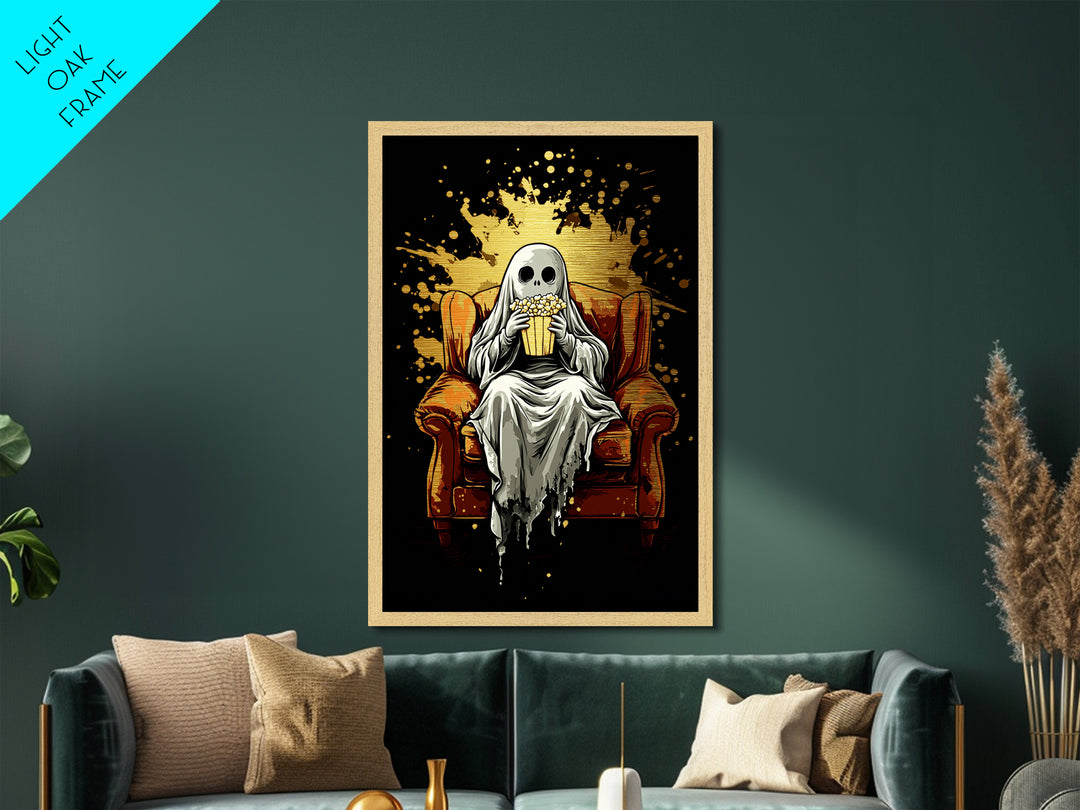 Cozy Ghost On Couch With Popcorn Metallic Gold Art | Spooky Movie Night Metal Art With Real Wood Frame For Halloween