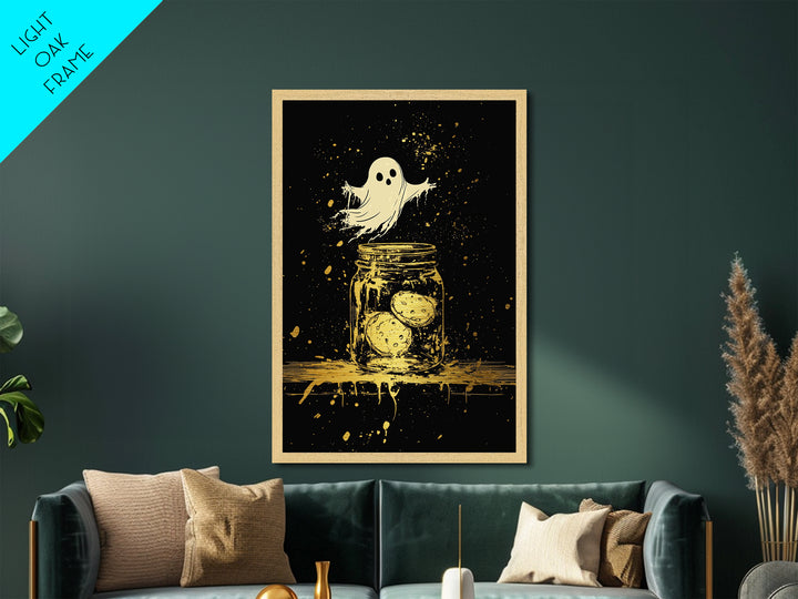 Haunted Cookie Jar Metallic Gold Art | Cute Ghost Metal Art Wall Decor In Rustic Real Wood Frame For Spooky Season