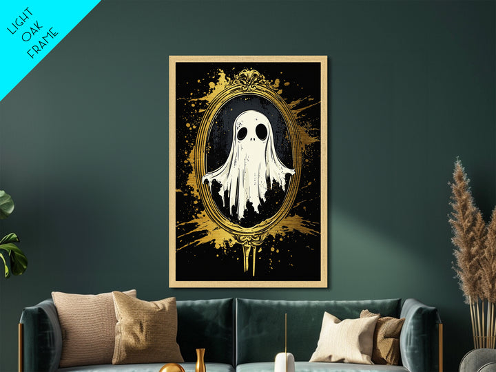 Haunted Mirror Metallic Gold Art | Gothic Ghost Metal Art Framed In Solid Real Wood For Spooky Season Wall Decor