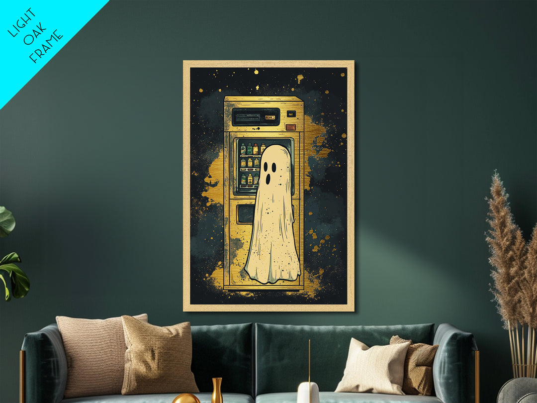 Ghost At Vending Machine Metallic Gold Art | Quirky Haunted Metal Art Spooky Season Wall Hanging In Real Wood Frame