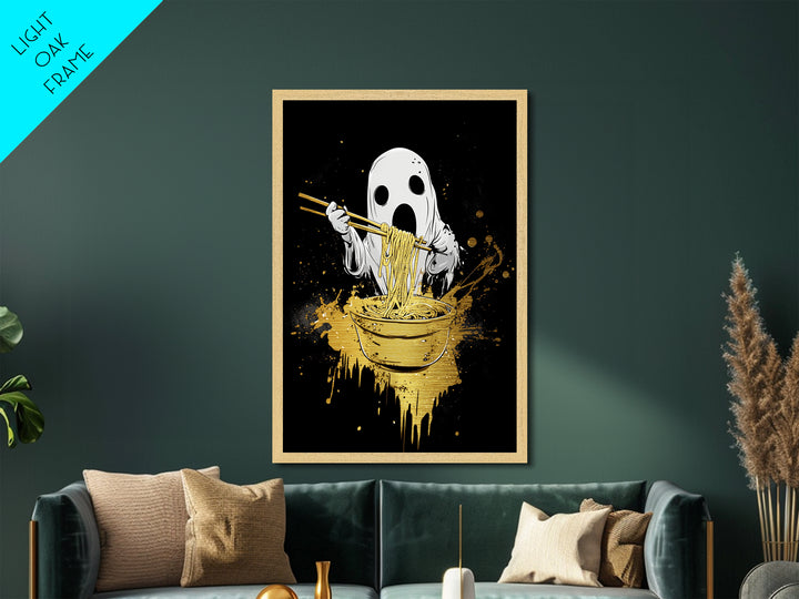 Creepy Ghost Eating Ramen Metallic Gold Art | Haunted Kitchen Metal Art Wall Decor With Real Wood Frame For Halloween