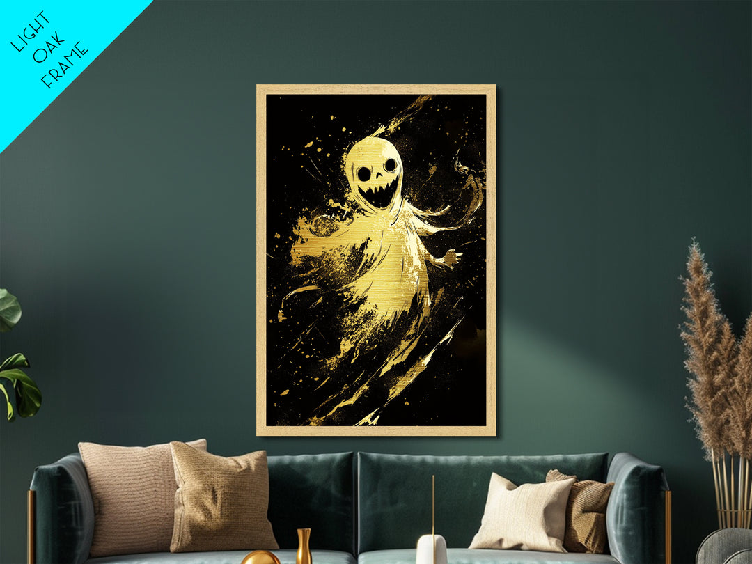 Sinister Smiling Spirit Metallic Gold Art | Horror Ghost Metal Art Framed In Authentic Real Wood For Spooky Season