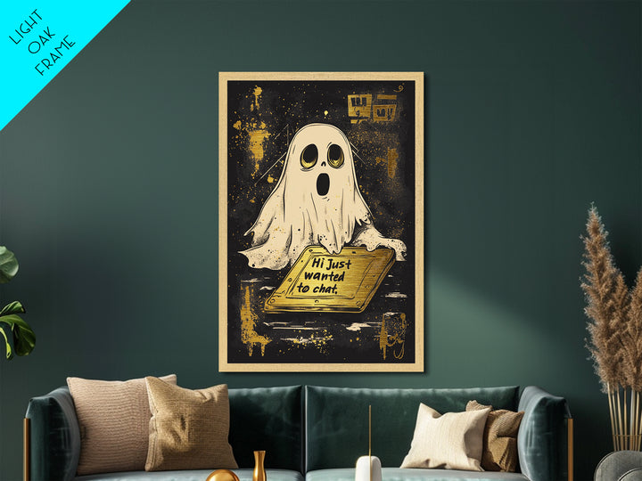 Spooky Ghost Greeting Metallic Gold Art, Gothic Metal Art Wall Décor with Natural Wood Frame for Halloween Haunted Home