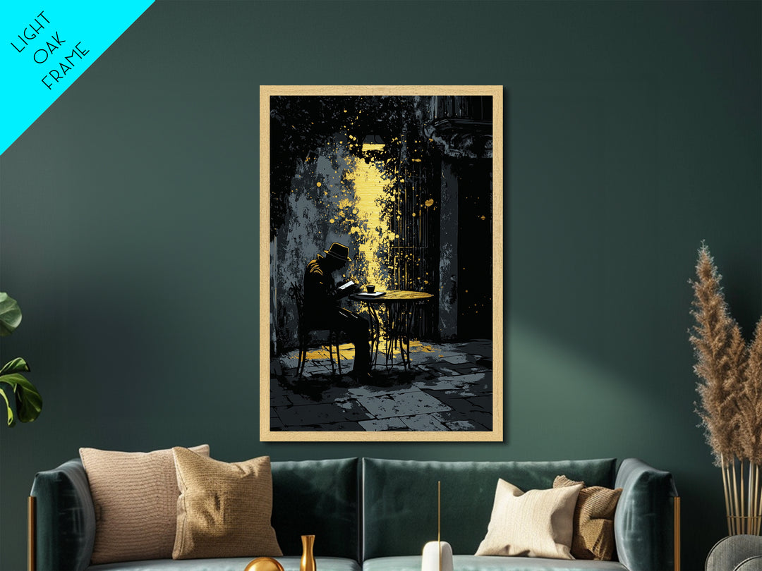 Mysterious Reader in Alley Metallic Gold Art, Spooky Metal Art Scene with Real Wood Framed Gothic Halloween Illustration