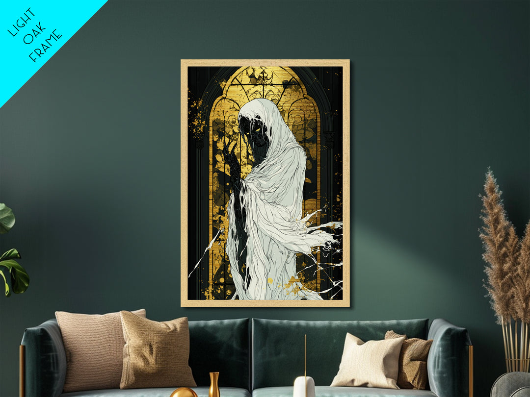 Dark Phantom in Chapel Metallic Gold Art, Gothic Horror Metal Art Print with Handcrafted Wood Frame, Spooky Season Wall