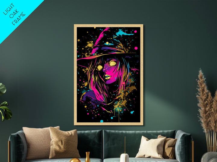 Neon Witch Metallic Gold Art | Vibrant Spooky Halloween Wall Art | Metal Art Glow Effect in Real Wood Frame