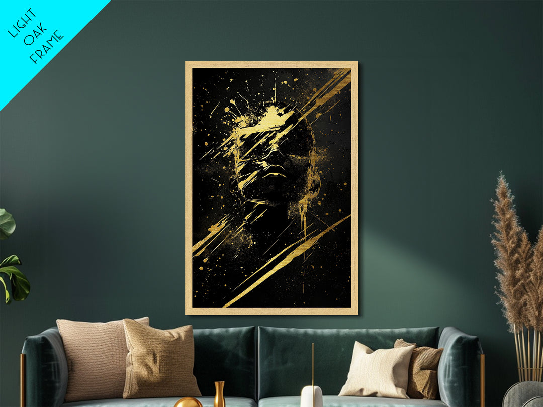 Haunted Silhouette Metallic Gold Art, Dark Gothic Spooky Metal Art Halloween Wall Print, Framed Horror Decor in Natural Wood