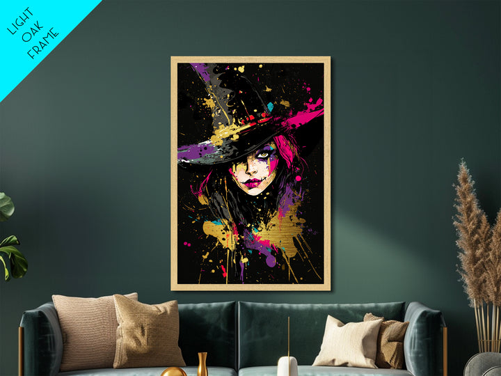 Creepy Witch Face Metallic Gold Art | Spooky Splatter Halloween Wall Decor | Metal Art in Real Wood Frame