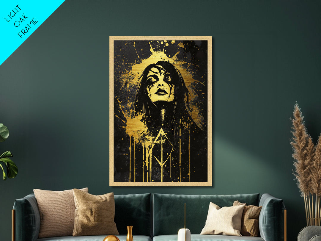 Haunted Sorceress Portrait Metal Art – Metallic Gold Art Halloween Wall Hanging, Gothic Style, Mounted in Natural Wood Frame