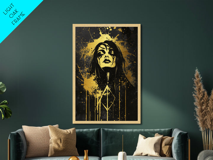 Haunted Sorceress Portrait Metal Art – Metallic Gold Art Halloween Wall Hanging, Gothic Style, Mounted in Natural Wood Frame
