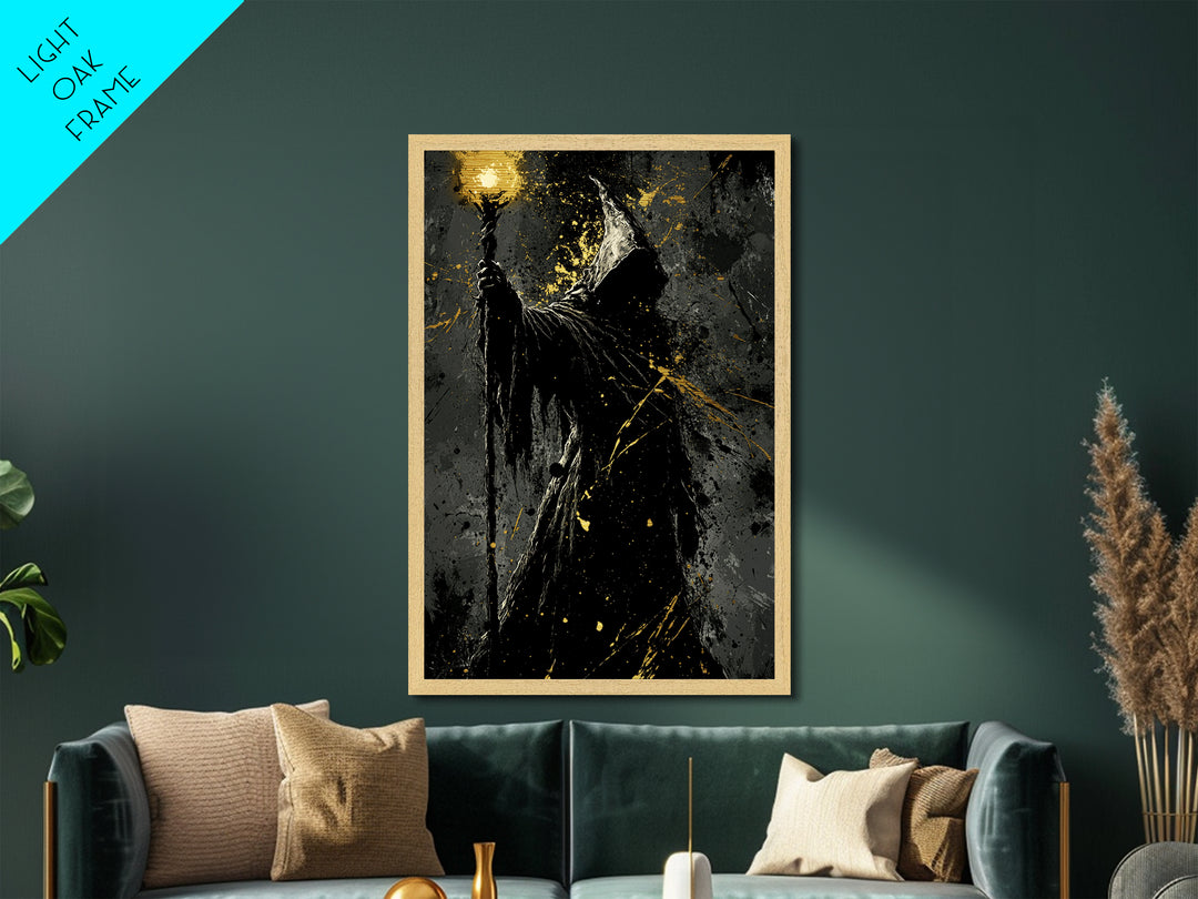 Dark Wizard Silhouette Metal Art – Metallic Gold Art Spooky Gothic Decor, Halloween Wall Print with Real Wood Frame