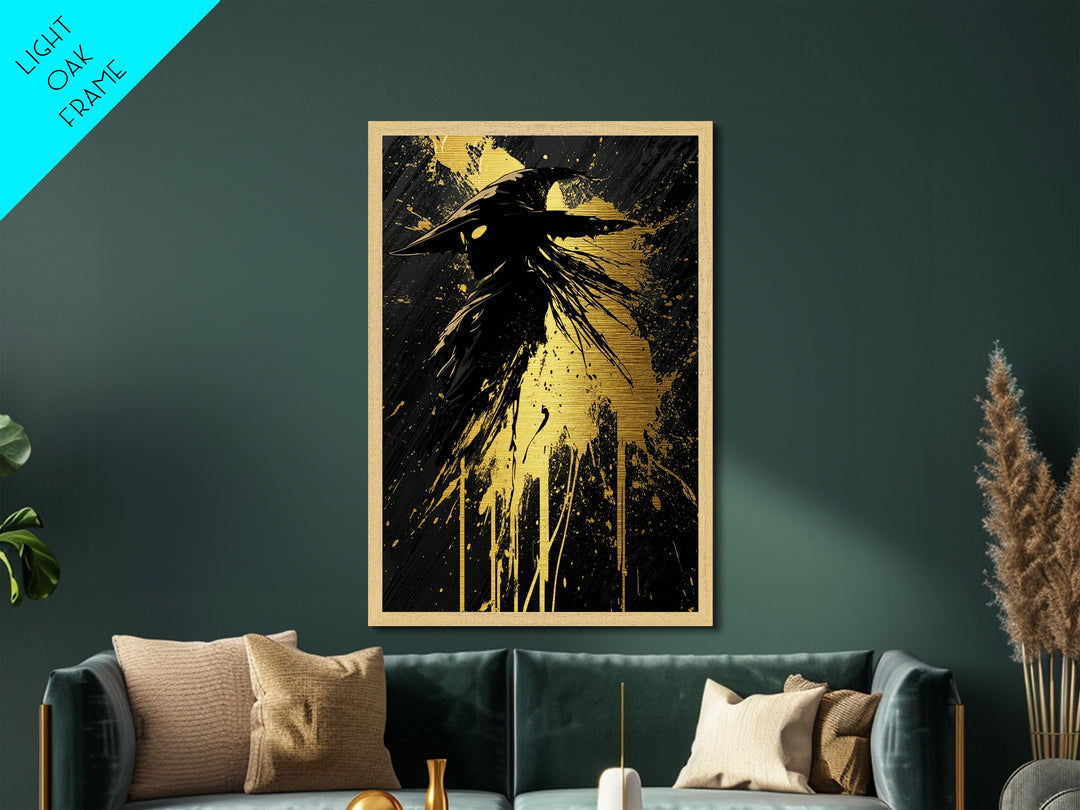 Mystical Plague Doctor Mask Metallic Gold Art – Spooky Season Metal Art Gothic Halloween Wall Print, Framed in Authentic Wood