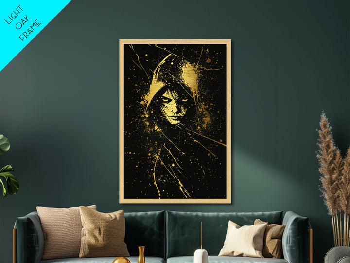 Eerie Hooded Figure Metallic Gold Art – Haunted Season Metal Art Gothic Halloween Wall Print, Natural Wood Frame Included